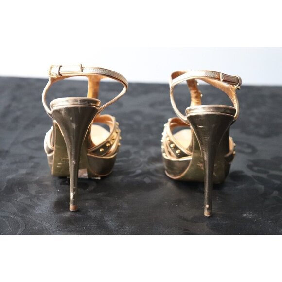 Miu Miu Womens Size 37 Gold Studded Sandals Open Toe Crystal Strap Stiletto Heel - Picture 11 of 12